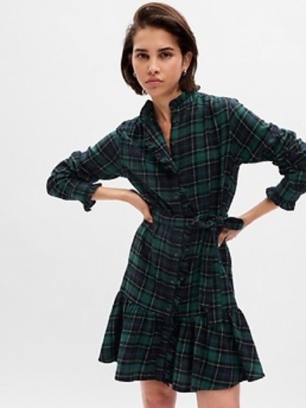 Gap Tiered Green Navy Plaid Belted Mini Flannel Shirt Dress